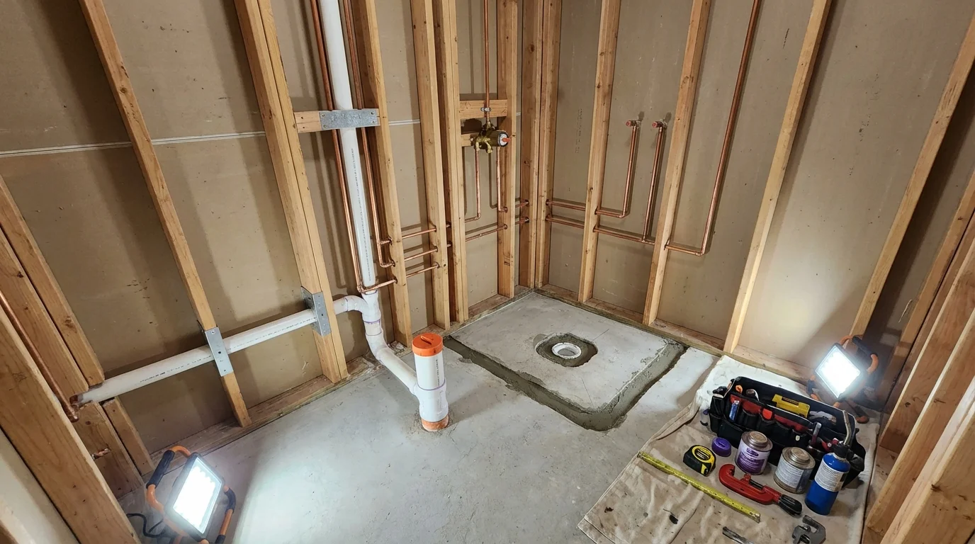 Bathroom rough-in plumbing during remodel by Johns Plumbing LLC in East Norwich