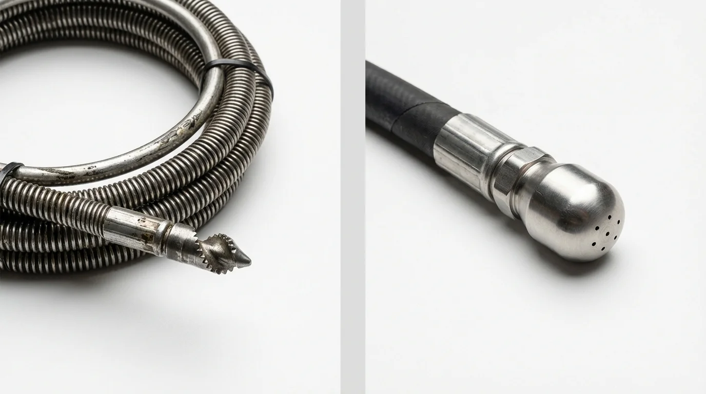 Drain snake cable and hydro jetting nozzle used for drain cleaning in East Norwich, NY