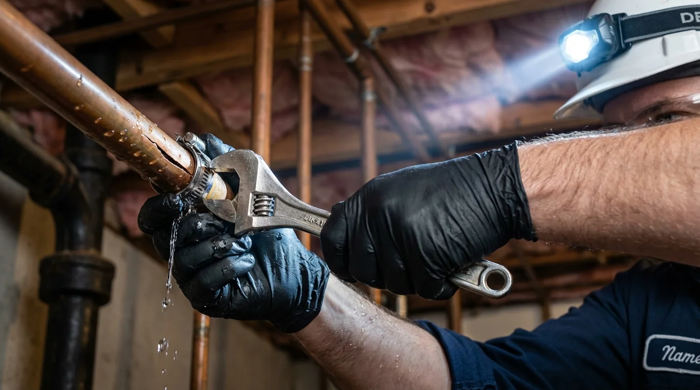 Emergency pipe clamp repair being performed by a Johns Plumbing LLC plumber in East Norwich