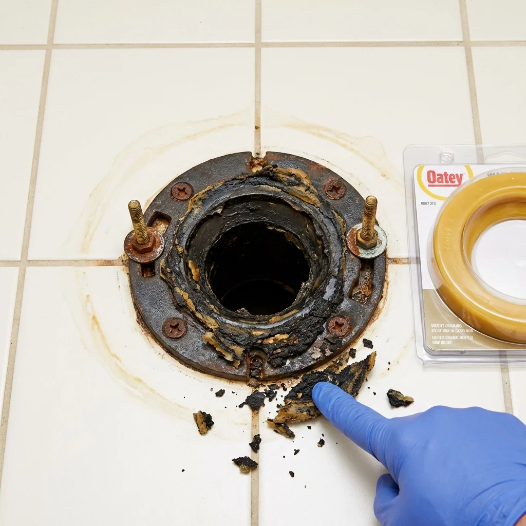 Failed wax ring showing water seepage at the base of a toilet in a East Norwich, NY home