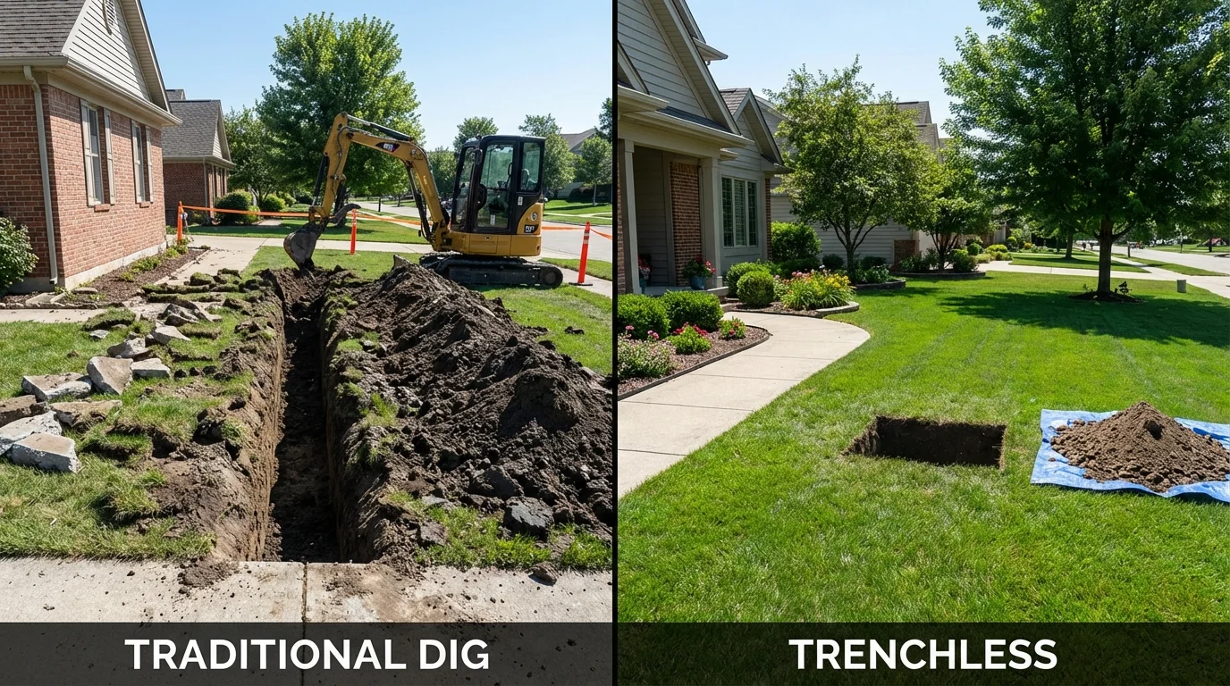 Trenchless sewer repair with minimal yard damage versus traditional excavation in East Norwich, NY