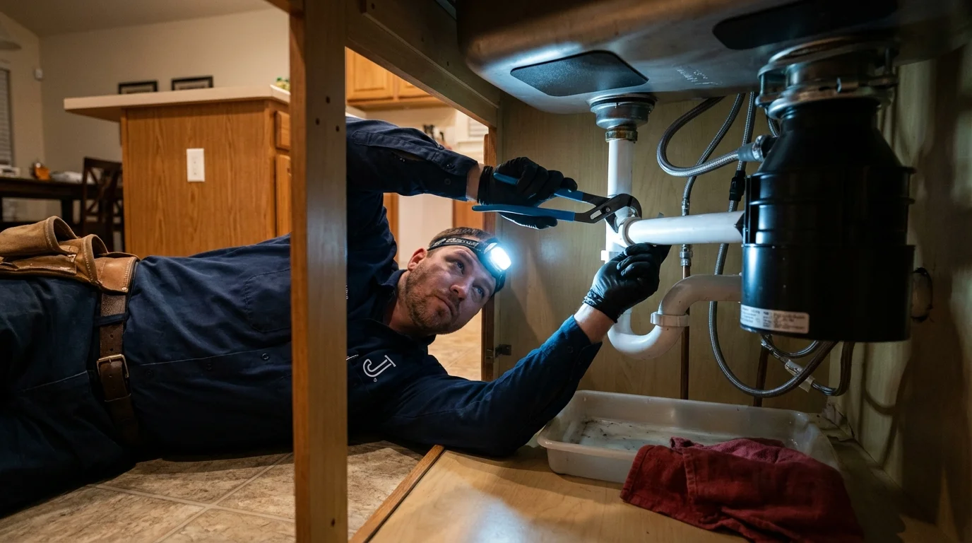 P-trap and supply line connections under a kitchen sink showing a common leak point in East Norwich, NY